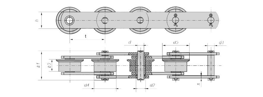 Цепи тяговые пластинчатые катковые с ребордами на катках М40-4-100-1 (Тип 4)